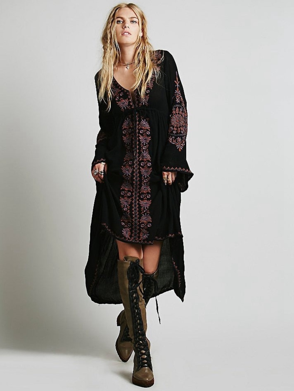Black Maxi Dress with Pink Embroidered Trim